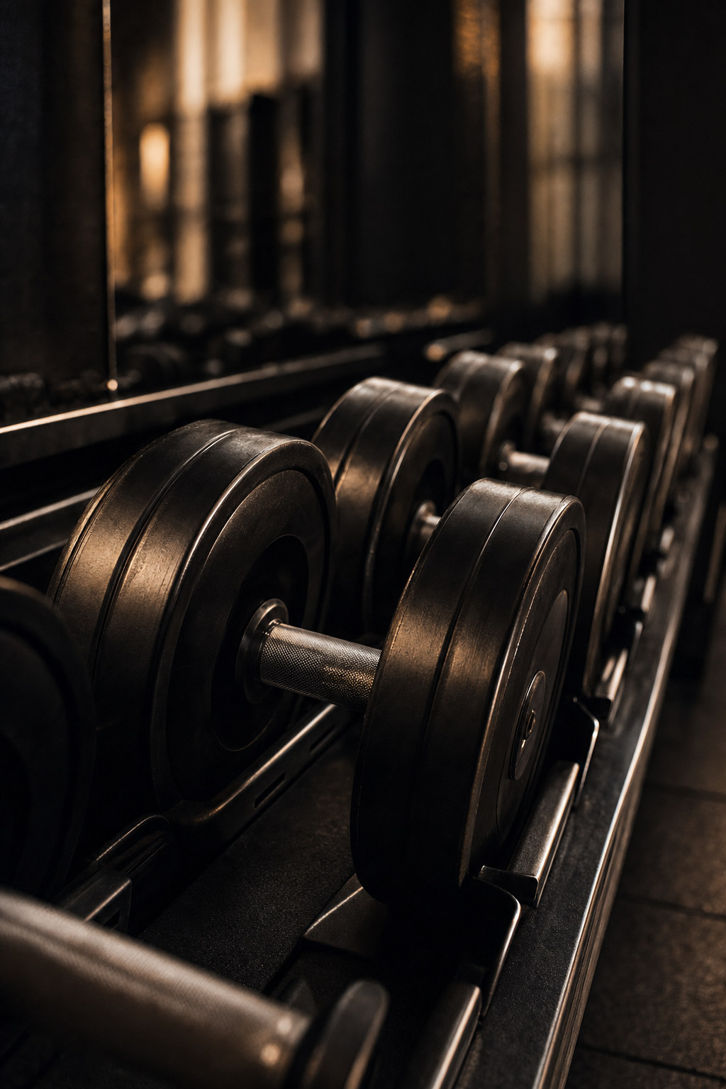 Warm light falls across a rack of black dumbbells in a private gym